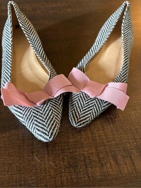 J. Crew Black-and-White Herringbone Pointed Flats with Pink Bow
